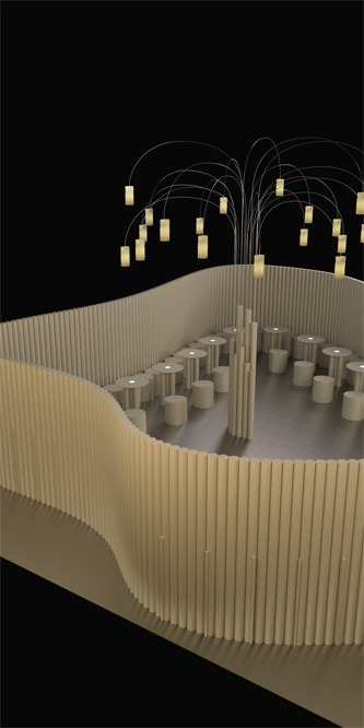 vue d’ensemble du Rubanc en tubes de carton recyclé. Au centre trône un arbre lumineux fait de carton et de lanternes phosphorescentes, tout comme le centre des tables. Tout est écologique est éphémère, adapté à l’événementiel et au décor d’événements et d’expositions