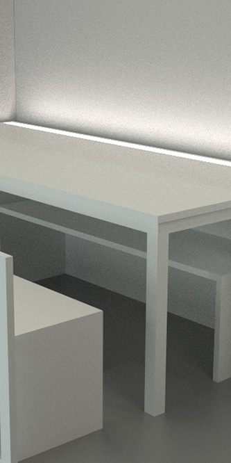 vue d’un ensemble modulaire et emboîtable composé de deux bancs, une table, deux rangements avec lumière intégrée, le tout décomposable et recomposable en un bloc gain de place spécialement adapté à un petit espace d’accueil