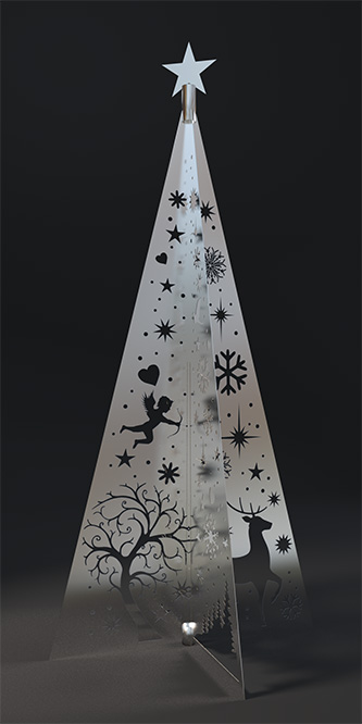vue en détail du sapin de Noël éternel en métal découpé de motifs hivernaux, délicats et festifs, présentant un reflet subtil de la matière, tout à fait féerique créé spécialement pour une boutique d’horlogerie de luxe